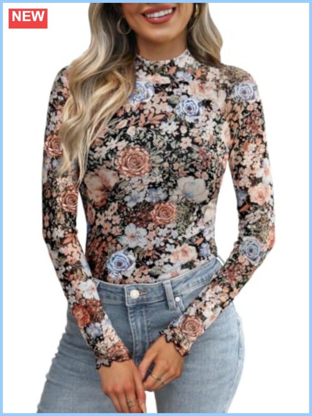Women's Long Sleeve Mesh Sheer Blouse Mock Neck Lace Party Top